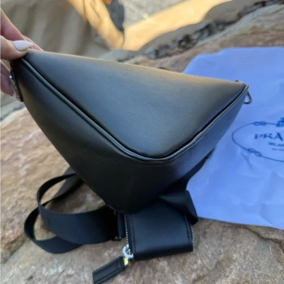 Genuine vegan leather PRADA Black triangle Sling Bag with detachable Logo mini - Picture 7 of 13